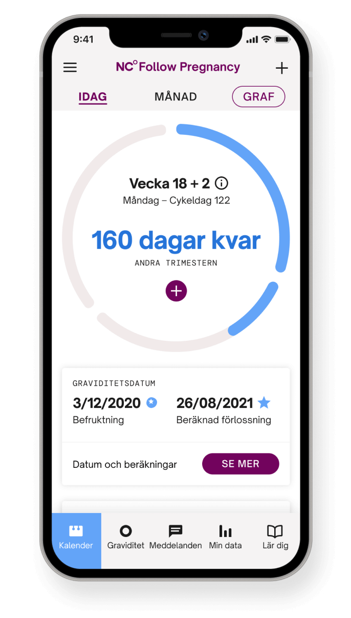 Natural Cycles appen i följa graviditets läget med texten "160 dagar kvar till födseln"