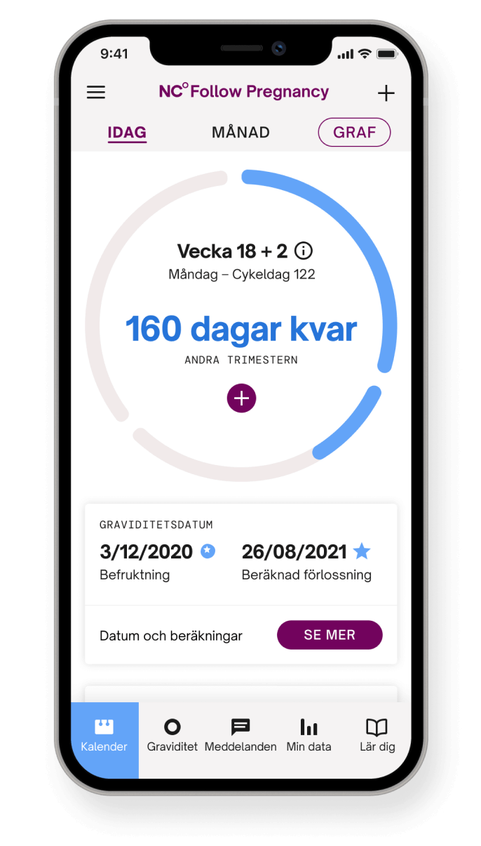 Natural Cycles appen i följa graviditets läget med texten "160 dagar kvar till födseln"