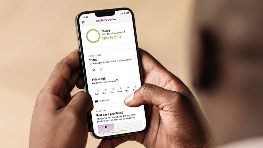 hands holding phone showing Natural Cycles' Partner View fertility status