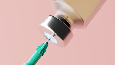 Injection piercing a vial on a pink background