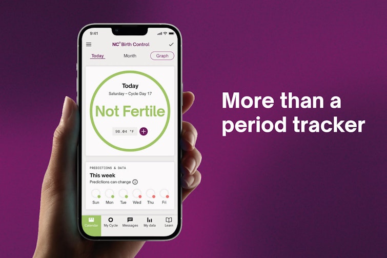 Hand holding up the Natural Cycles app with the text 'more than a period tracker'