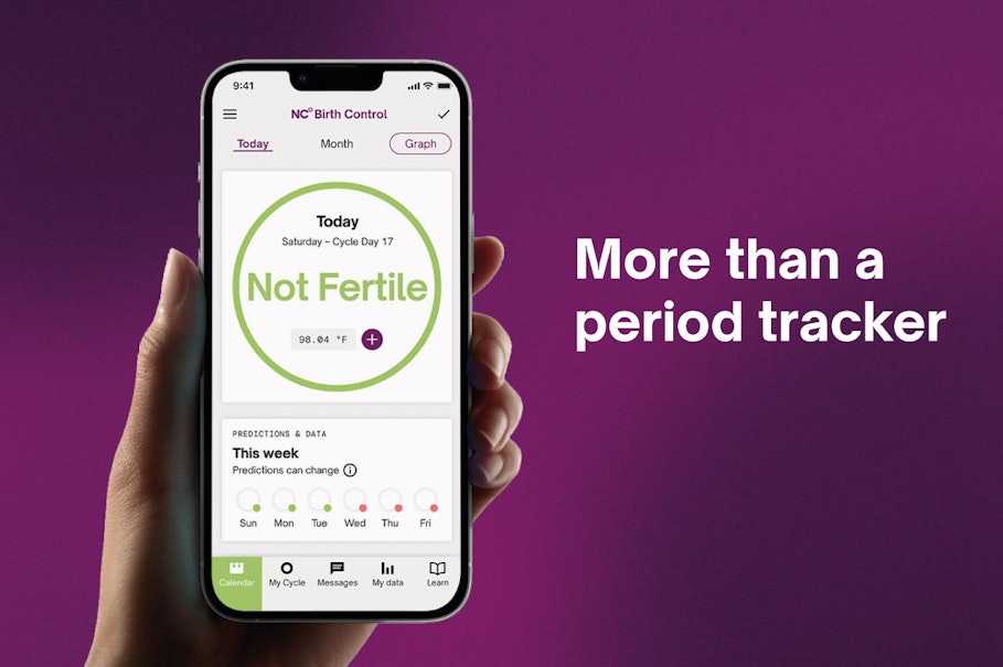 Hand holding up the Natural Cycles app with the text 'more than a period tracker'