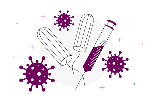 illustration showing tampons, virus particles and a hypodermic needle