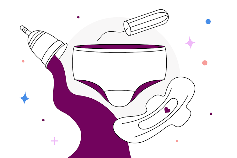 illustration showing a menstrual cup, period pants, tampon and pads