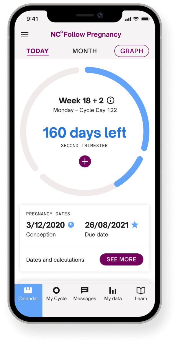 Natural cycles app screen in follow mode saying "160 days left to due date"