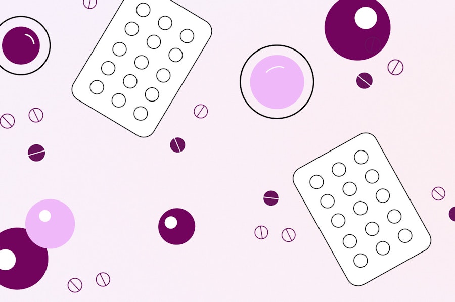illustration showing egg cells and pill packets on a purple background