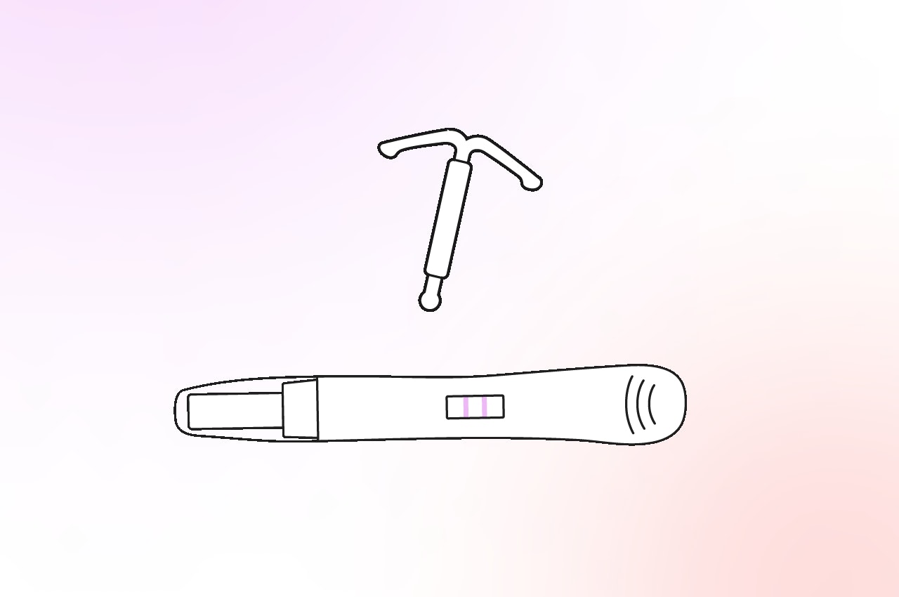 illustration showing IUD and a positive pregnancy test