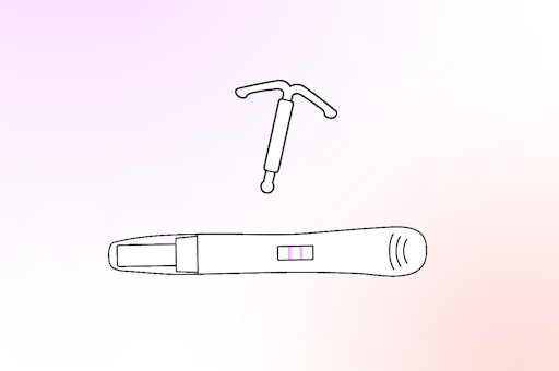 illustration showing IUD and a positive pregnancy test