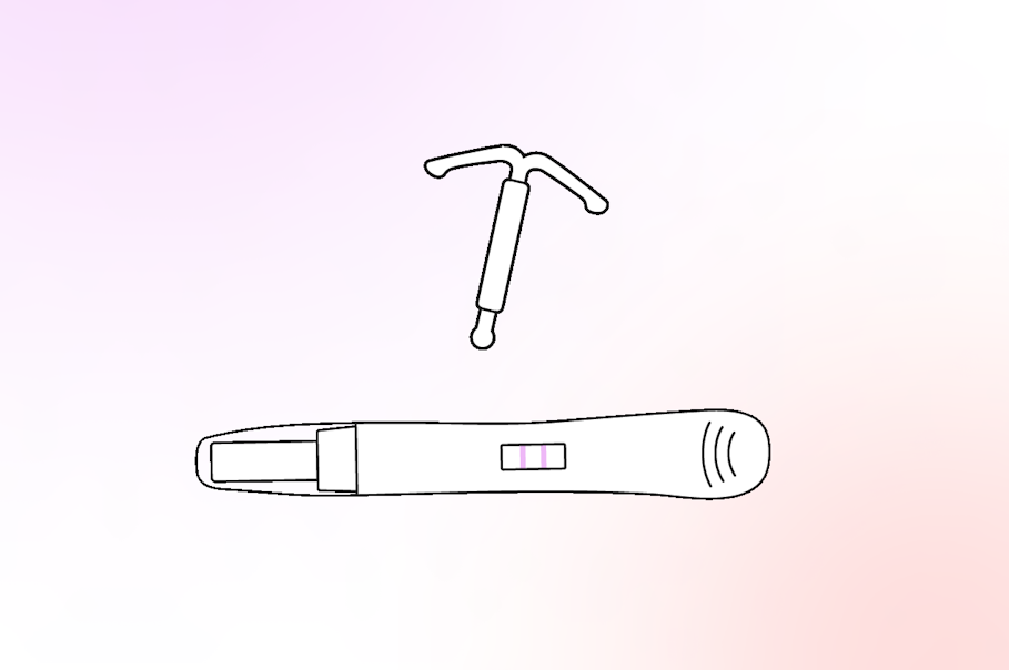 illustration showing IUD and a positive pregnancy test