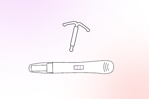 illustration showing IUD and a positive pregnancy test