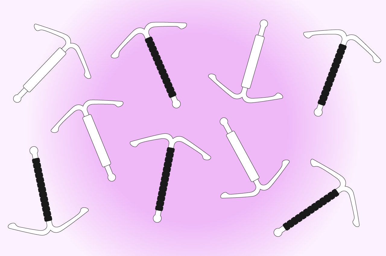 Illustration of copper and hormonal IUDs on a pink background