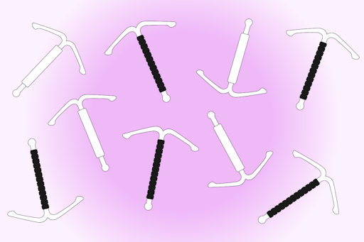 Illustration of copper and hormonal IUDs on a pink background