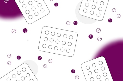 Illustration of multuple birth control pill packets and pills