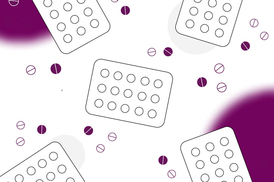 Illustration of multuple birth control pill packets and pills
