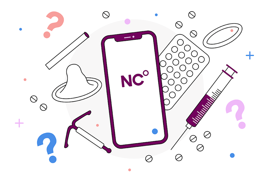 Illistration of birth control methods including natural cycles, condoms, shot, pills, ring, IUD and implant