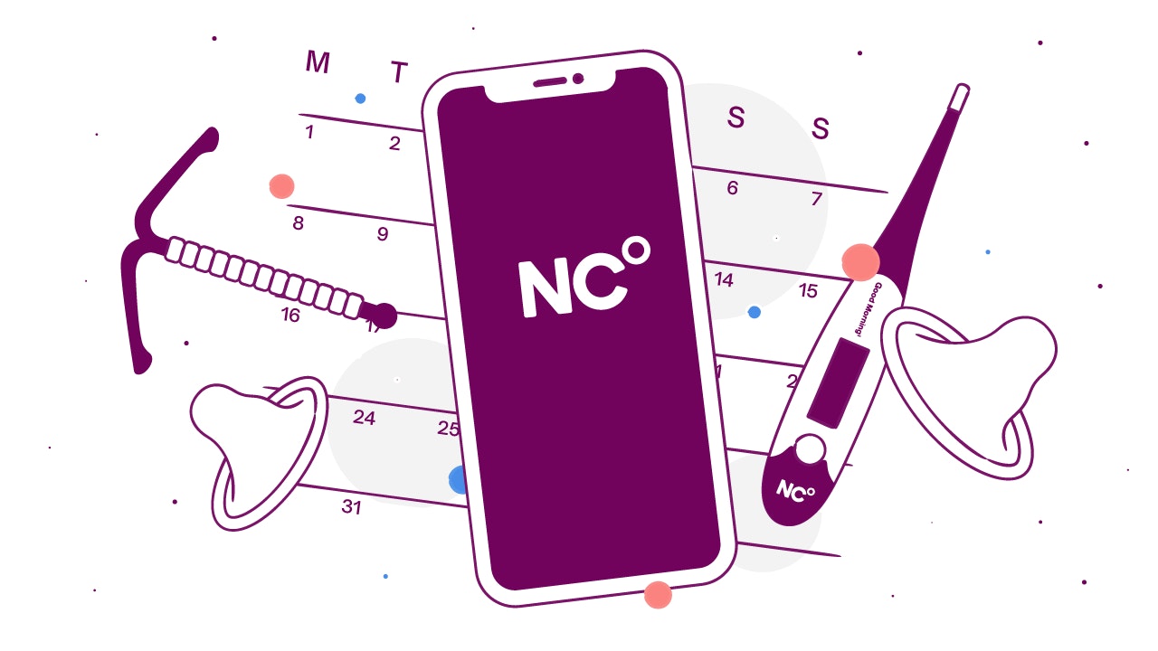 Illustration of non-hormonal methods showing copper IUD, Natural Cycles, Condoms and calendar method