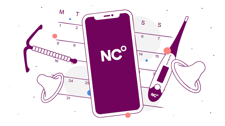 Illustration of non-hormonal methods showing copper IUD, Natural Cycles, Condoms and calendar method