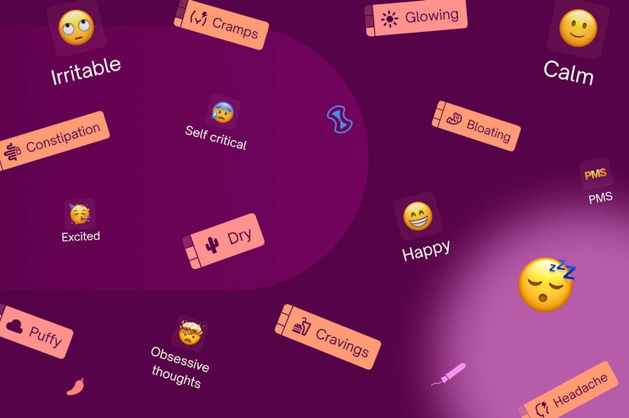 Image of Natural Cycles trackers showing irritable, happy, calm, PMS and more