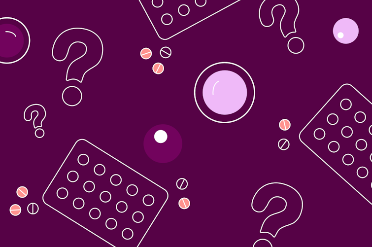 Illustration of birth control pill packets, pills, female egg cells and question marks