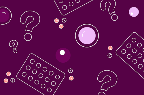Illustration of birth control pill packets, pills, female egg cells and question marks