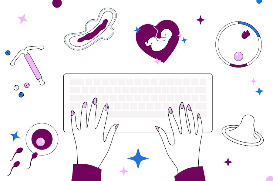 Illustration of hands typing on a keyboard surrounded by reproductive health images such as an IUD, a bloody pad, a developing baby, and a condom