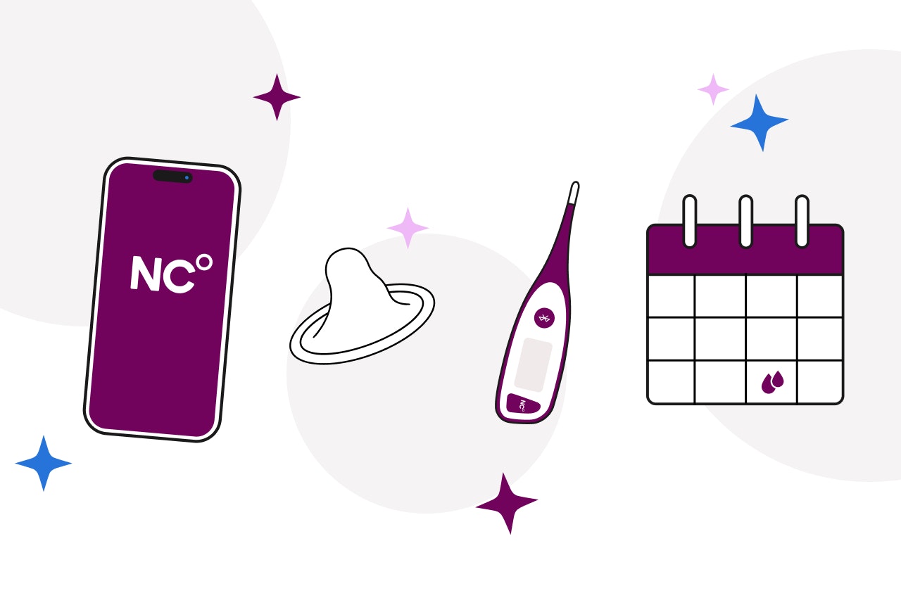 Illustration showing NC app sceen, condom, basal thermometer and a calendar with a period date marked on it