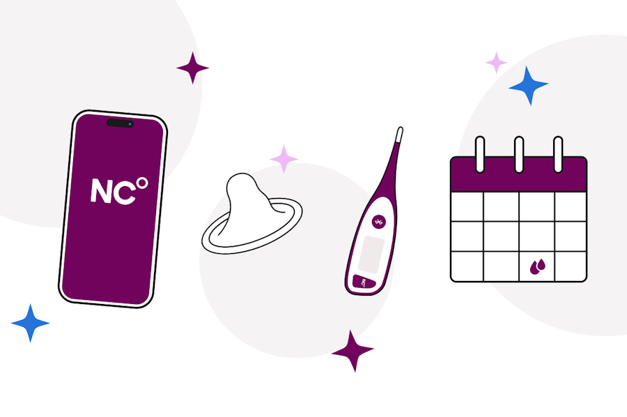 Illustration showing NC app sceen, condom, basal thermometer and a calendar with a period date marked on it