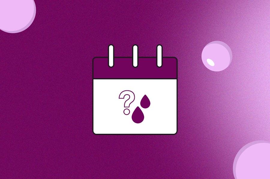 Illustration of a calendar with a question mark and drops of menstrual blood