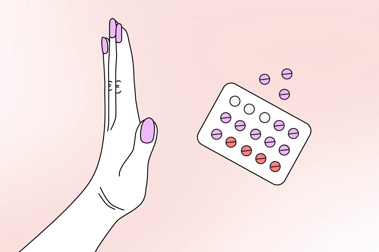 Illustration av en hand som hålls ut med handflatan utåt som ett stopptecken mot en pillerkarta