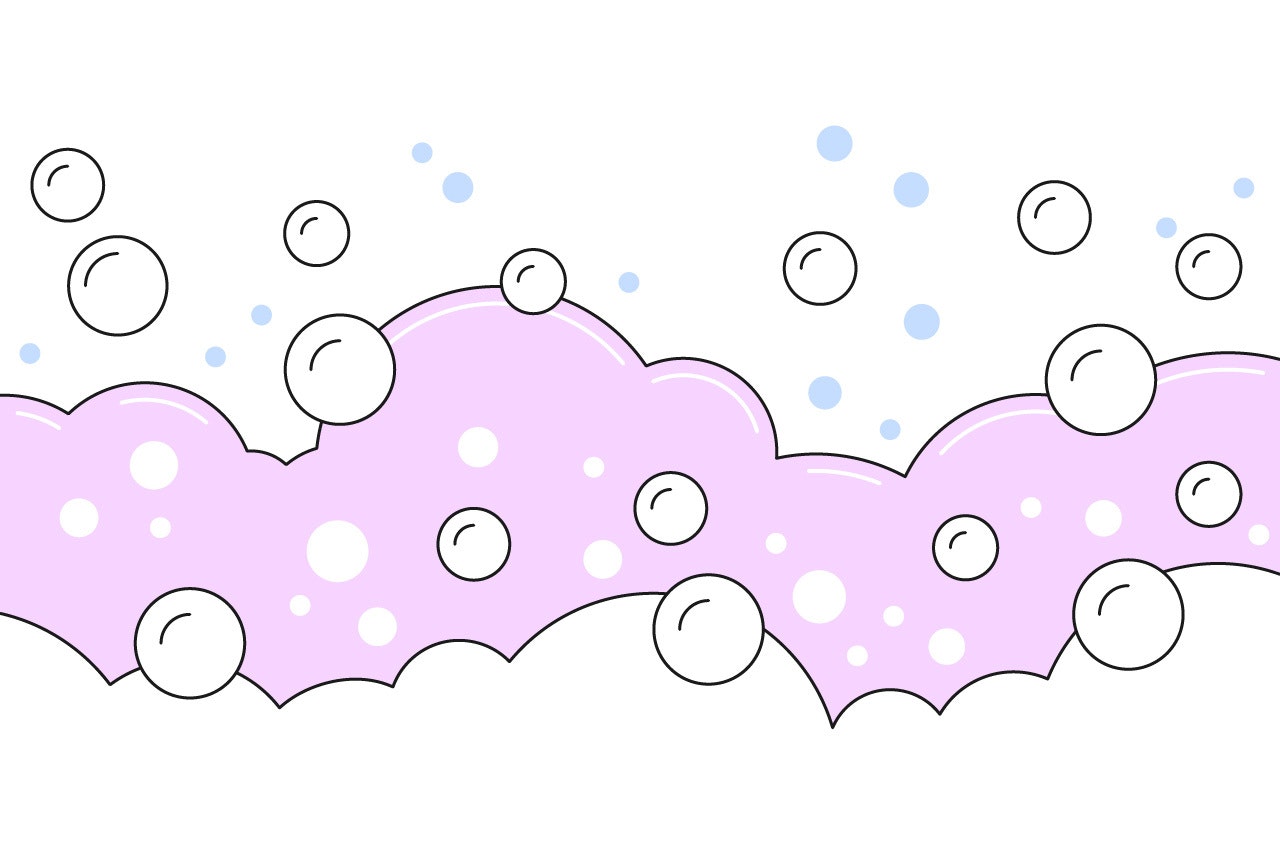 Illustration of pink and white soap suds and bubbles
