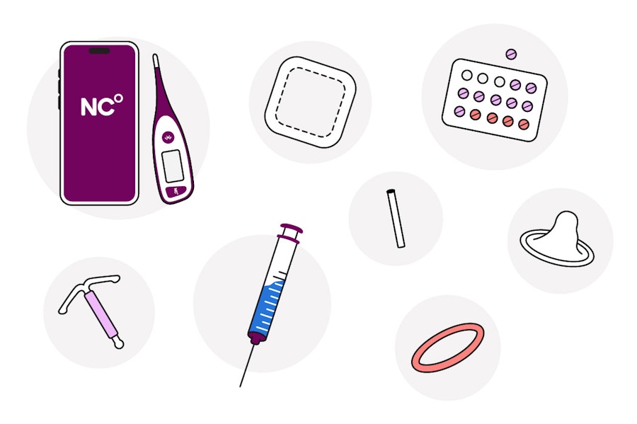 Illustrations of different birth control methods showing Natural Cycles, the patch, the pill, an IUD, the injection, the implant, the ring and a condom
