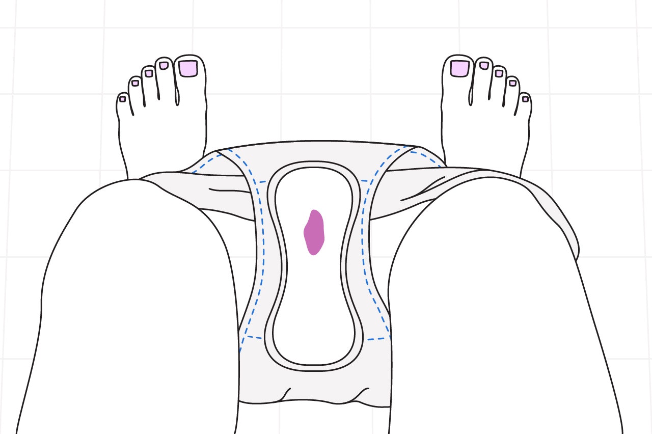 Illustration of underwear around ankles with a sanitary pad with a small amount of blood in it