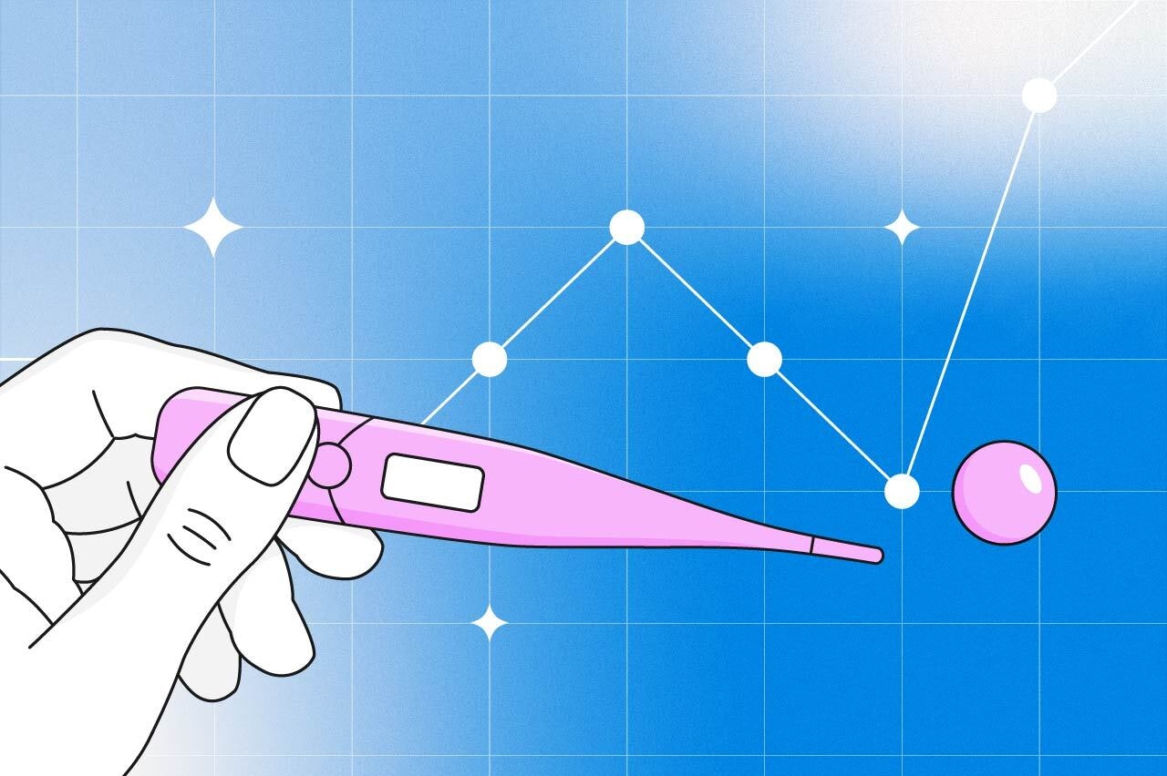 Illustration of person holding thermometer against a temperature line on a blue background