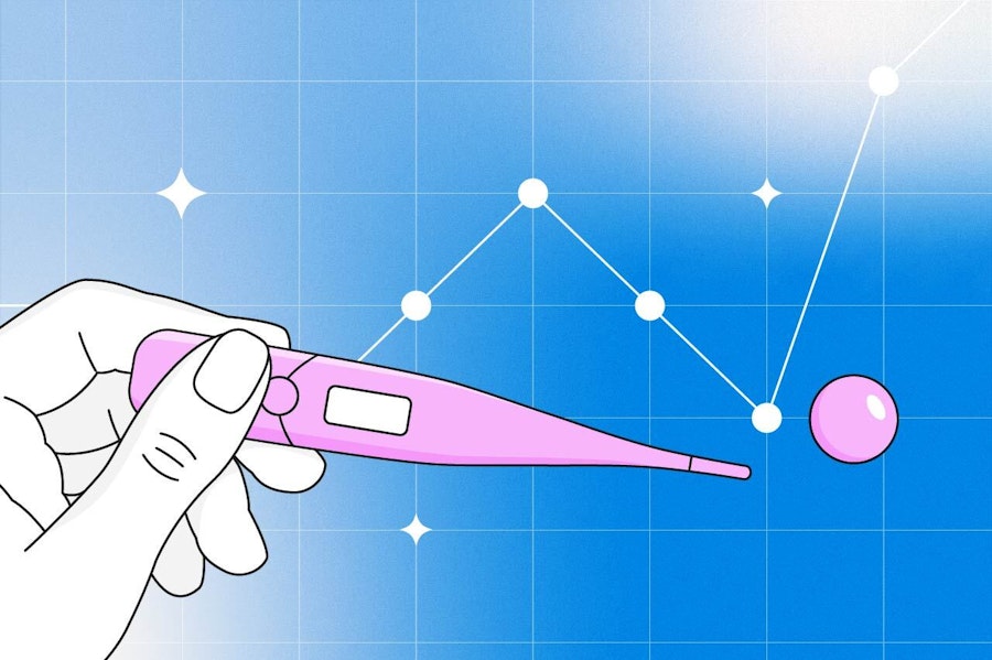 Illustration of person holding thermometer against a temperature line on a blue background