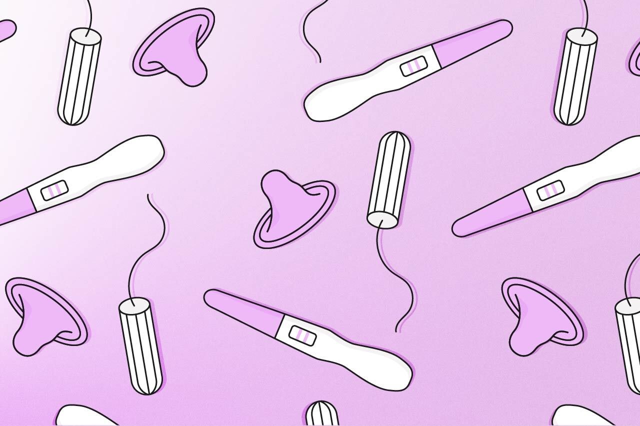 Illustration showing pregnancy tests, tampons and condoms