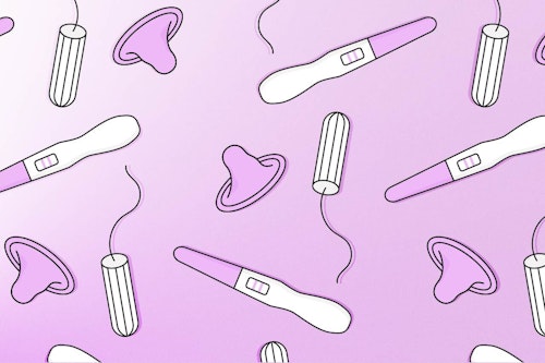 Illustration showing pregnancy tests, tampons and condoms
