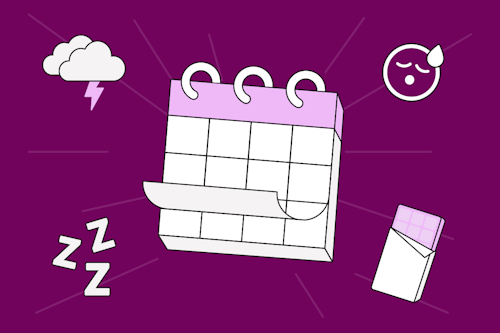 Illustration for signs your period is coming with chocolate, PMS, thunder clouds, a calendar and Zzs