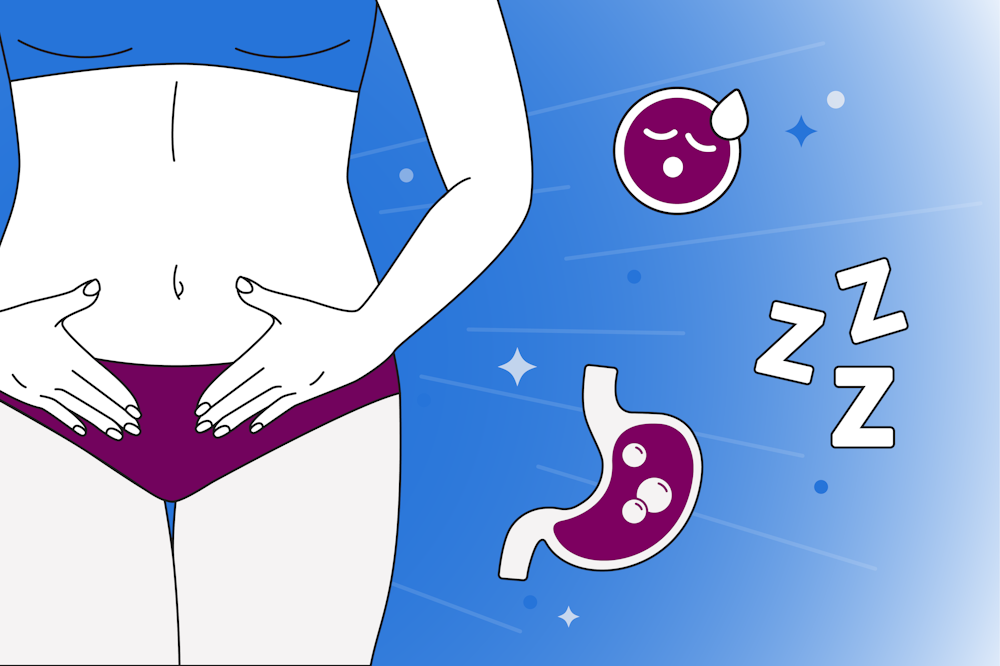 Illustration of a woman with her hands on her stomach and some DPO symptoms such as tiredness and upset stomach
