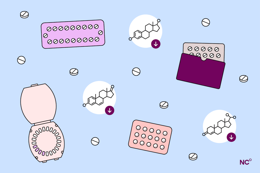Illustration showing multiple types of birth control pills and hormones