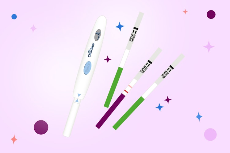 Clearblue digital ovulation tests and strip ovulation tests on a purple background with stars