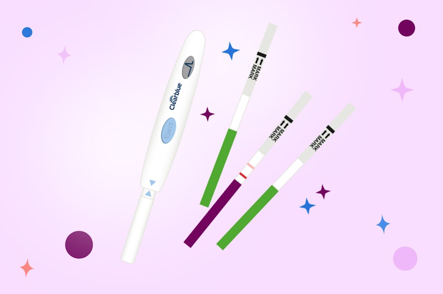 Clearblue digital ovulation tests and strip ovulation tests on a purple background with stars