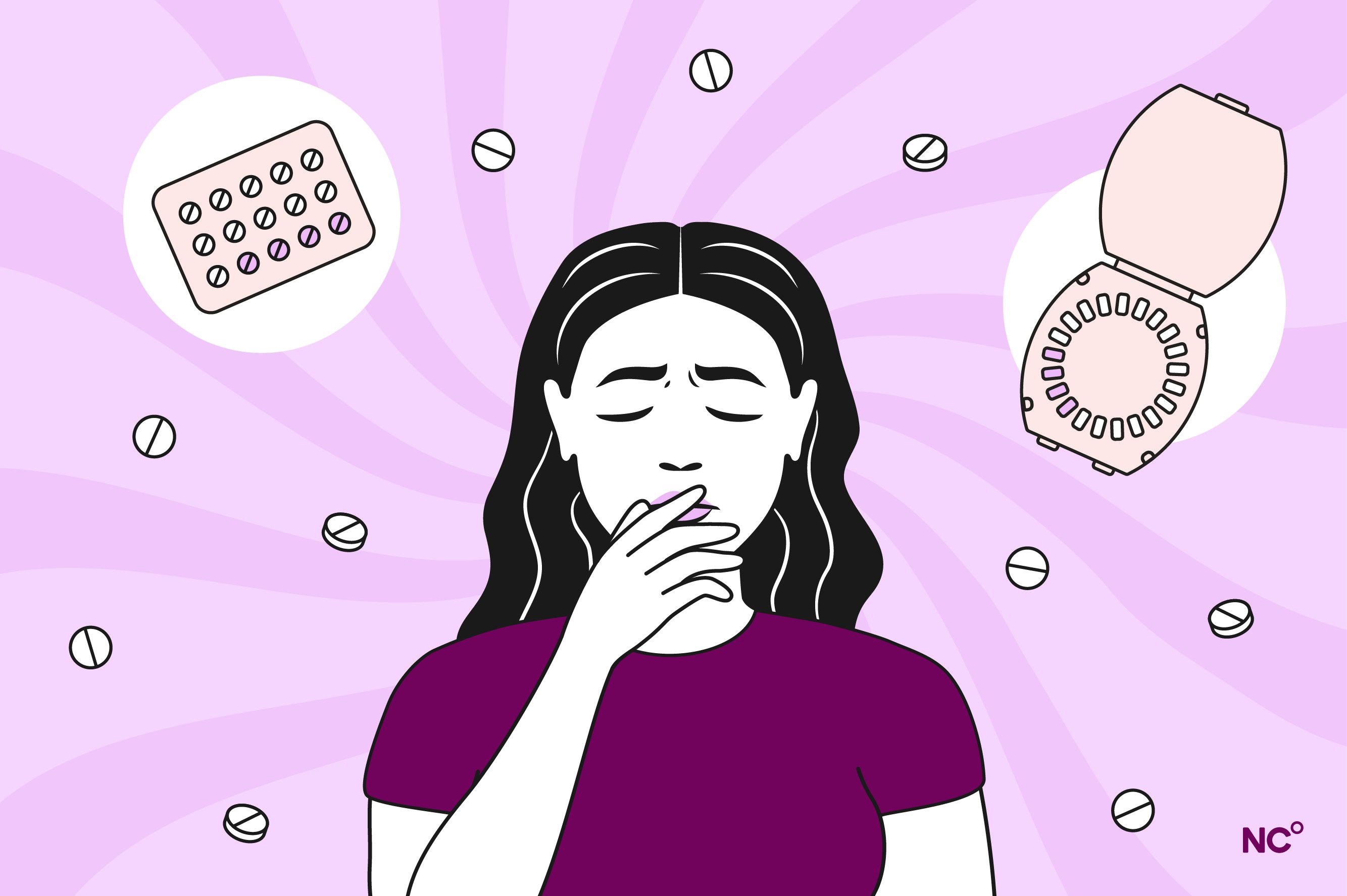 Illustration of woman feeling nauseas while surrounde by birth control pills