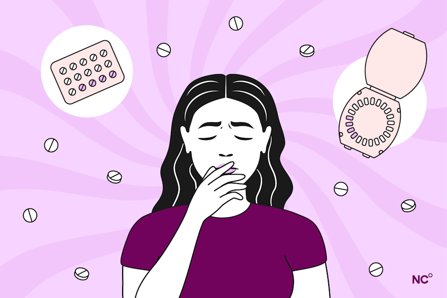 Illustration of woman feeling nauseas while surrounde by birth control pills