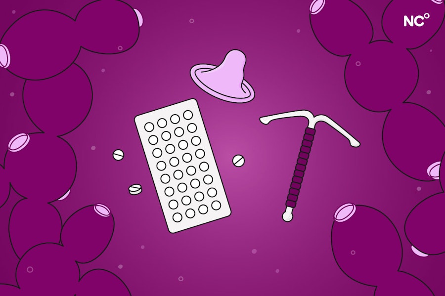 Illustration showing birth control methods floating about with yeast particules