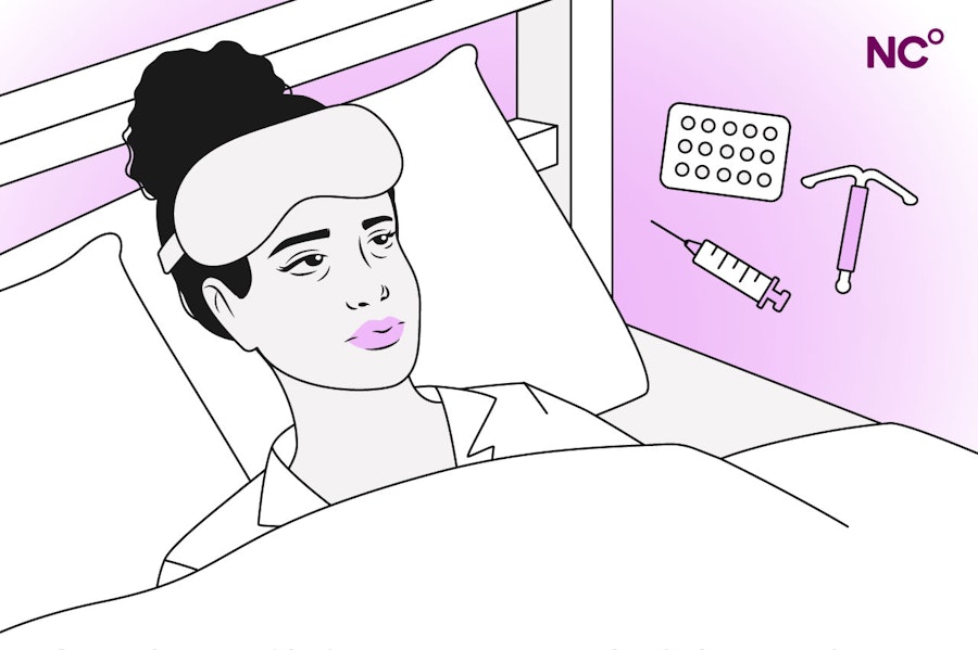 Illustration of a woman lying in bed with a birth control pill pack, IUD and birth control shot next to her