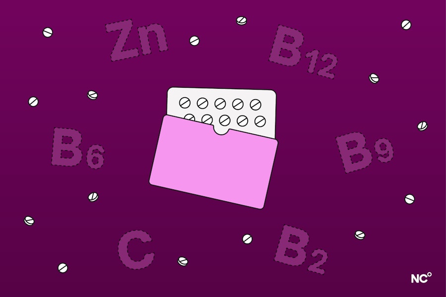 Purple background with a birth control pill pack in the middle, surrounded by the names of different vitamins