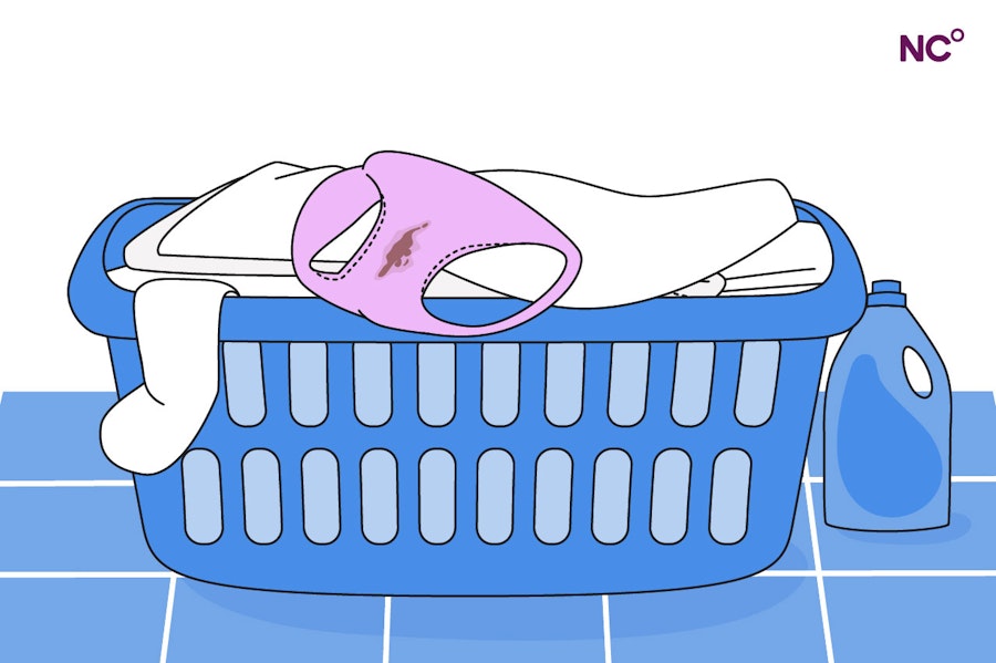 underwear in a laundry basket with a smear of brown discharge