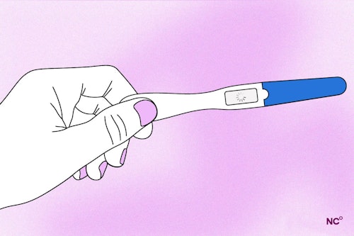 Illustration of a hand holding a pregnancy test while waiting for the result