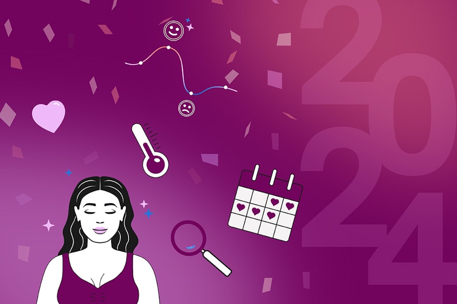 Illustration of a woman with a 2024 celebratory background with confetti and temperature, trackers, love hearts shown on a calendar