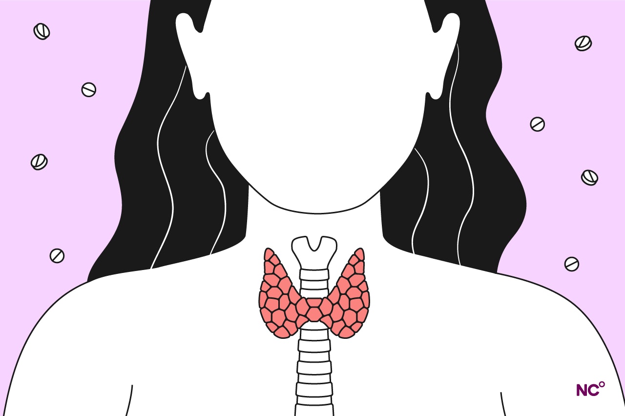 Illustration of the thyroid gland with birth control pills in the background